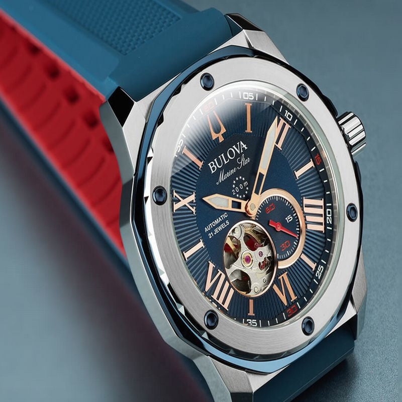 Orologio Uomo Bulova Automatico Marine Star Acciaio Gomma Open Heart Blu 98A282