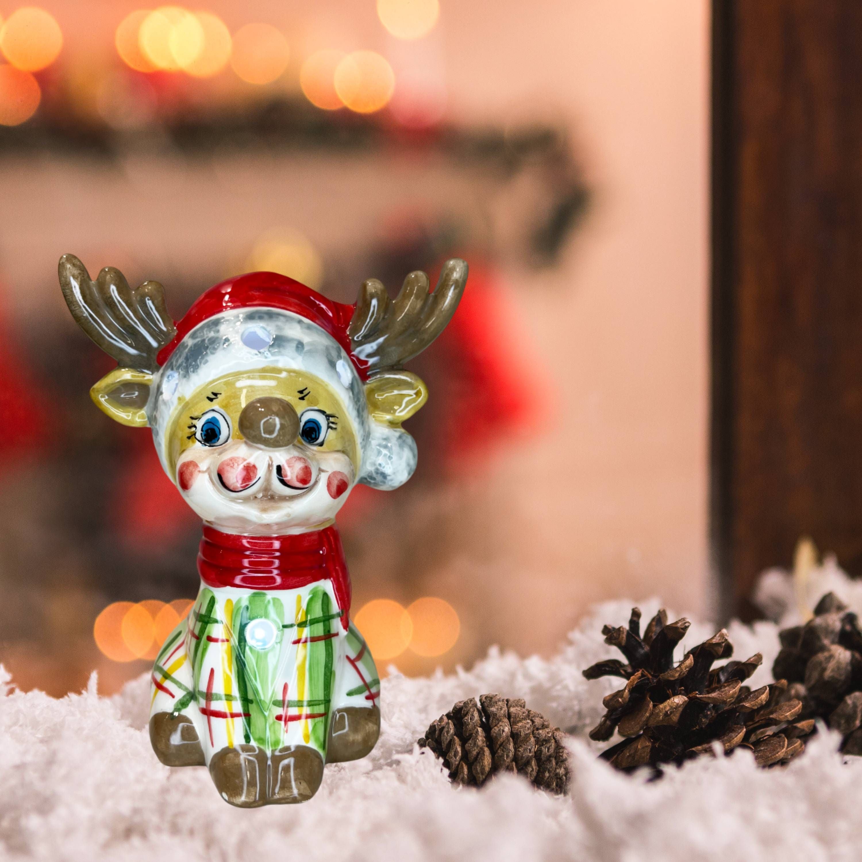 Renna Media Capodimonte Led Maglione Verde Sciarpa Rossa 16cm CAP38