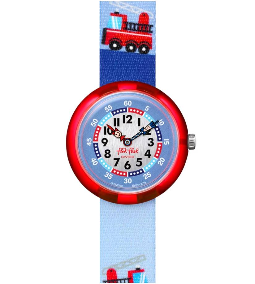 Orologio Bambino Swatch Flik Flak Fire Truck Quarzo Solo Tempo Blu Rosso ZFBNP160