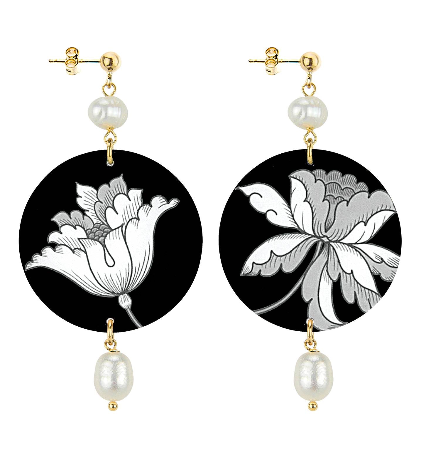 Orecchini Donna Lebole The Circle Fiori Bianchi Neri Schiacciati D/OR.281