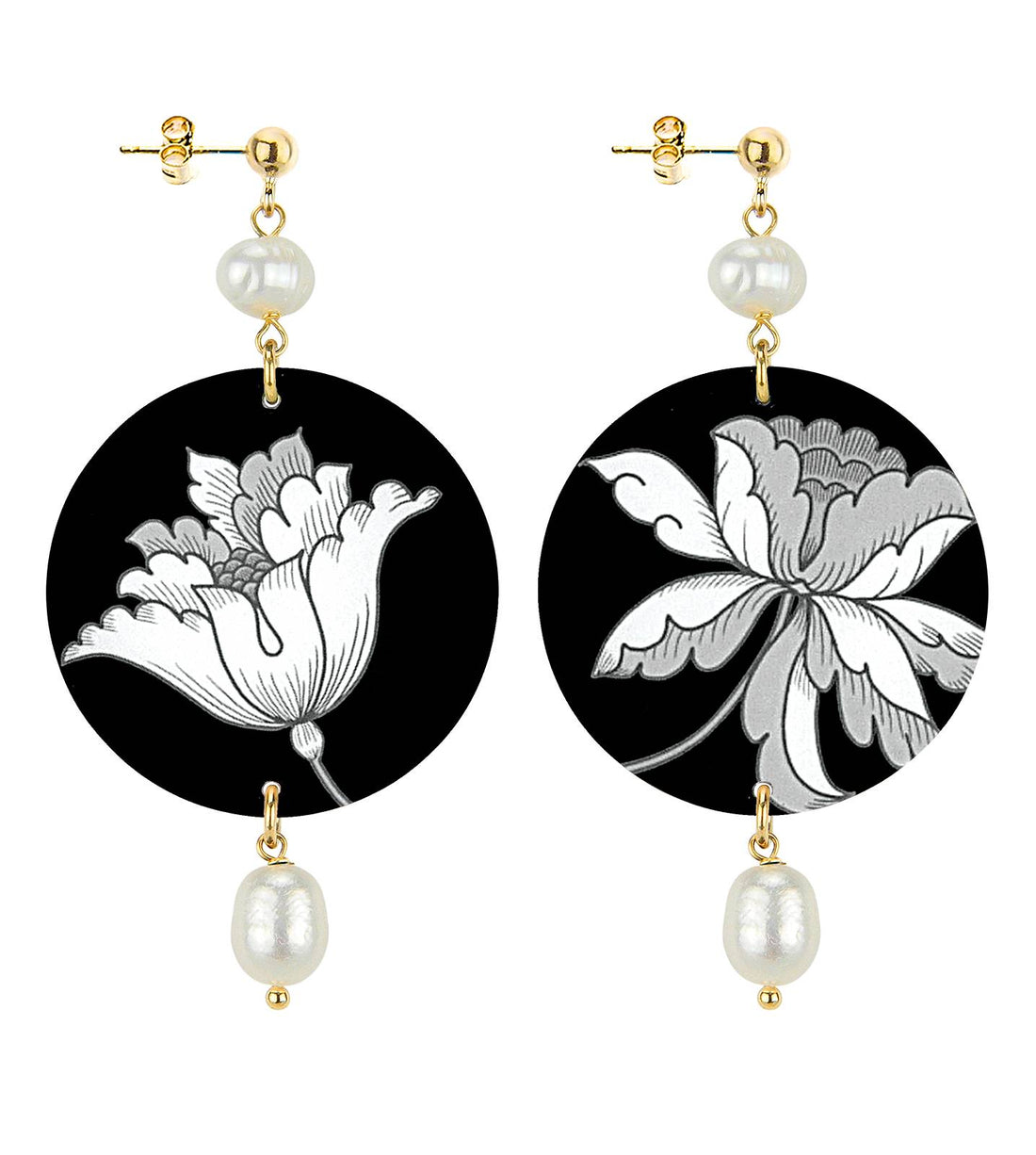 Orecchini Donna Lebole The Circle Fiori Bianchi Neri Schiacciati D/OR.281