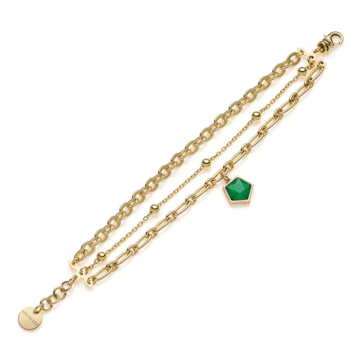 Bracciale Donna Unoaere Bronzo Dorato Catena Tre Fili Zirconi Verdi Gipsy 540238