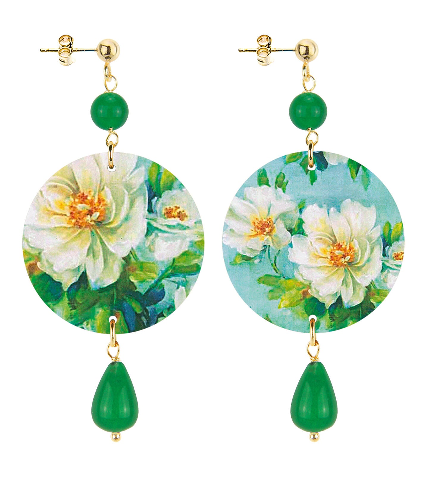Orecchini Donna Lebole The Circle Fiori Bianchi Verdi Schiacciati D/P/OR.154