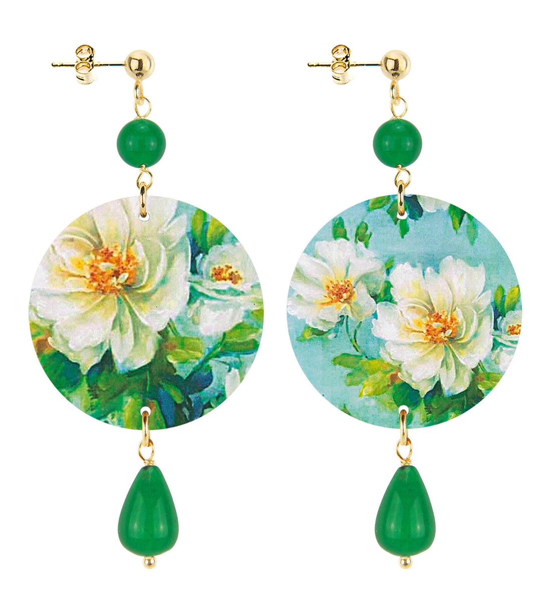 Orecchini Donna Lebole The Circle Fiori Bianchi Verdi Schiacciati D/P/OR.154