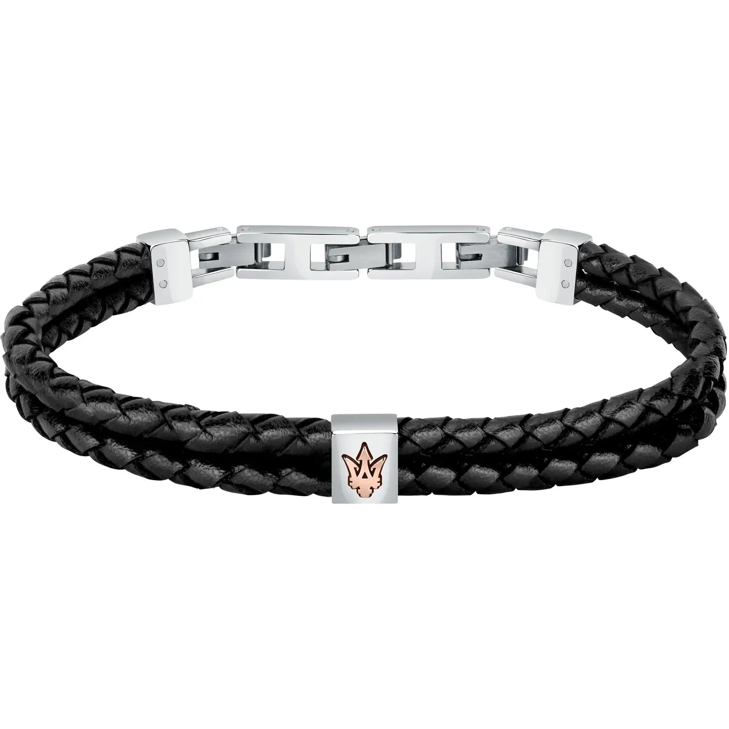 Bracciale Uomo Maserati Cuoio Nero Acciaio Logo Rosè JM422AVE13