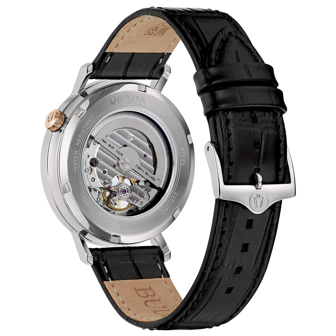 Orologio Uomo Bulova Automatico Aerojet Pelle Nera Acciaio Open Heart 98A289