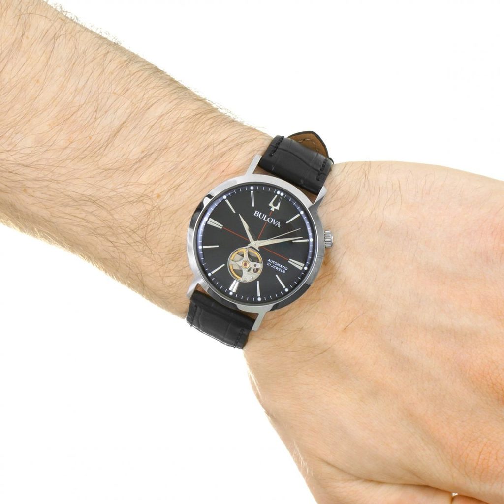 Orologio Uomo Bulova Automatico Aerojet Open Heart Pelle Nero Acciaio 96A201
