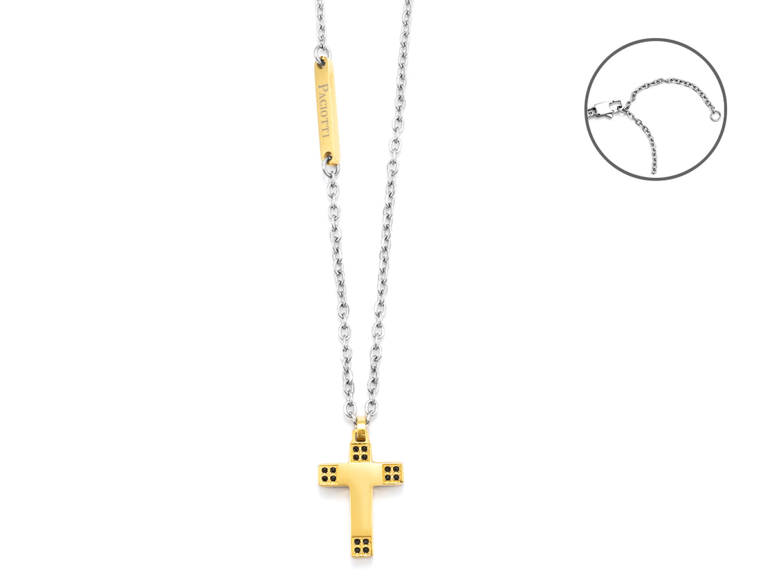 Collana Uomo 4US Cesare Paciotti Acciaio Dorato Targhetta Croce Zirconi 4UCL5580