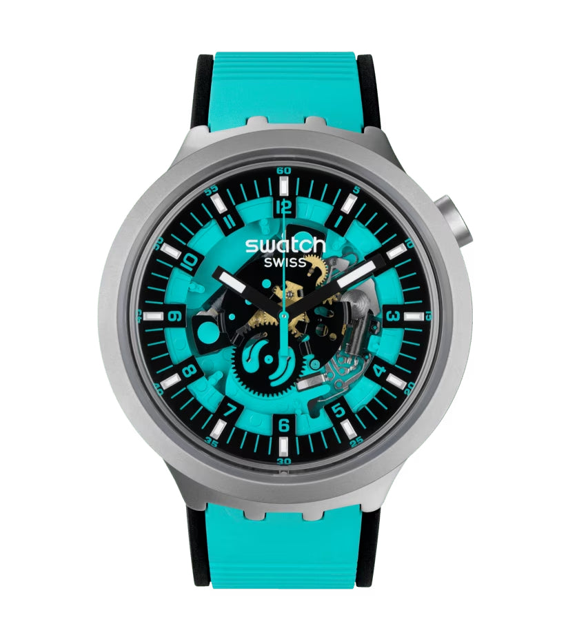 Orologio Unisex Swatch Acciaio Big Bold Mint Trim Gomma Turchese Scheletrato SB07S111