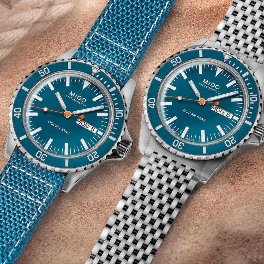 Orologio Uomo Mido Acciaio Automatico Doppia Data Blu Doppio Cinturino Tessuto