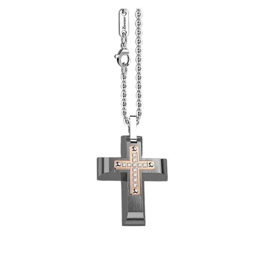 Collana Uomo Zancan Croce Acciaio Nero Zirconi Bianchi EHC231