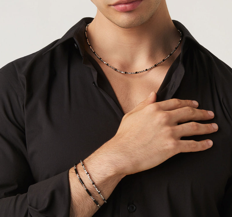 Bracciale Uomo Giovanni Raspini Argento 925 Biglie Nodini Lucidi Onice Nero 11648