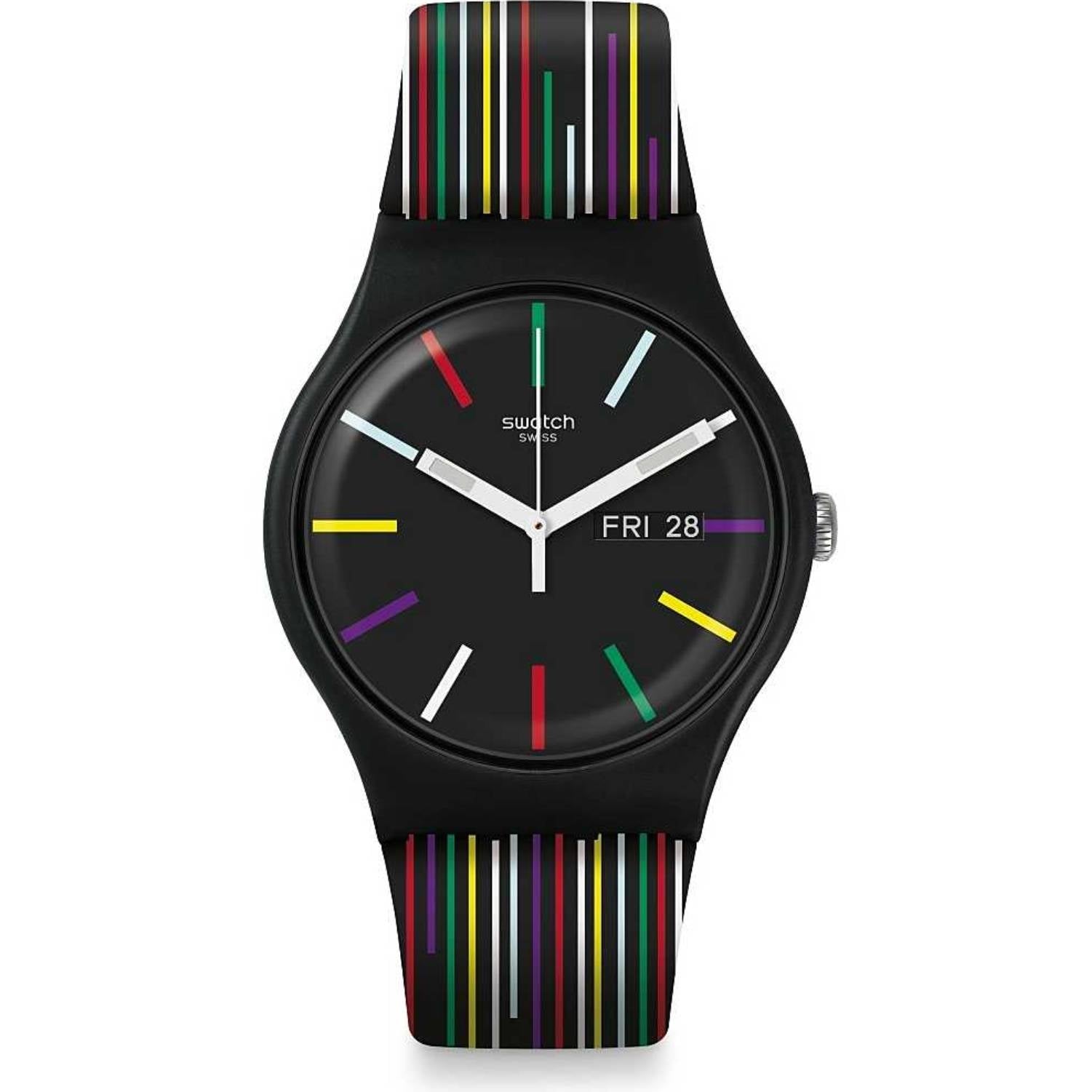 Orologio Uomo Gomma Swatch Quarzo Solo Tempo Doppia Data NUIT D'ETE SUOB729