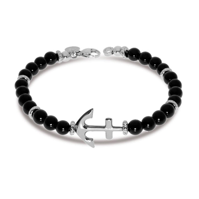 Bracciale Uomo Liu Jo Acciaio Lucido Ancora Liscia Biglie Nere MLJ439