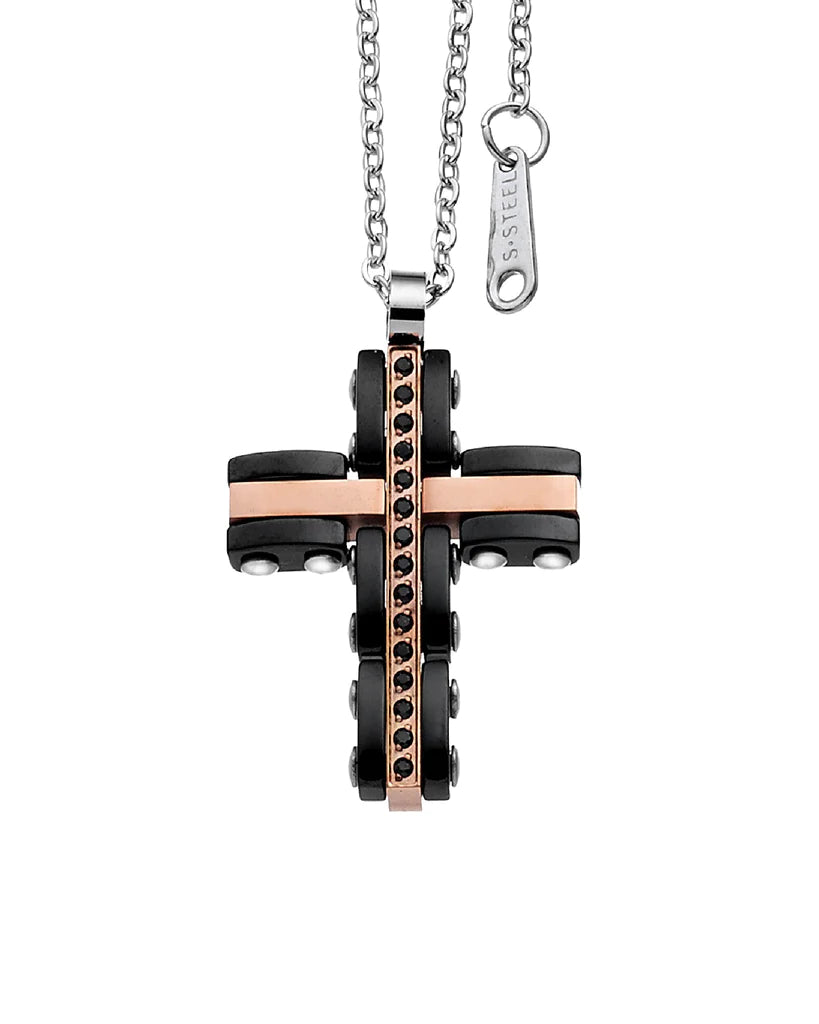 Collana Uomo Zancan Acciaio Croce PDV Rosè Inserti Neri E Pietre UHC002