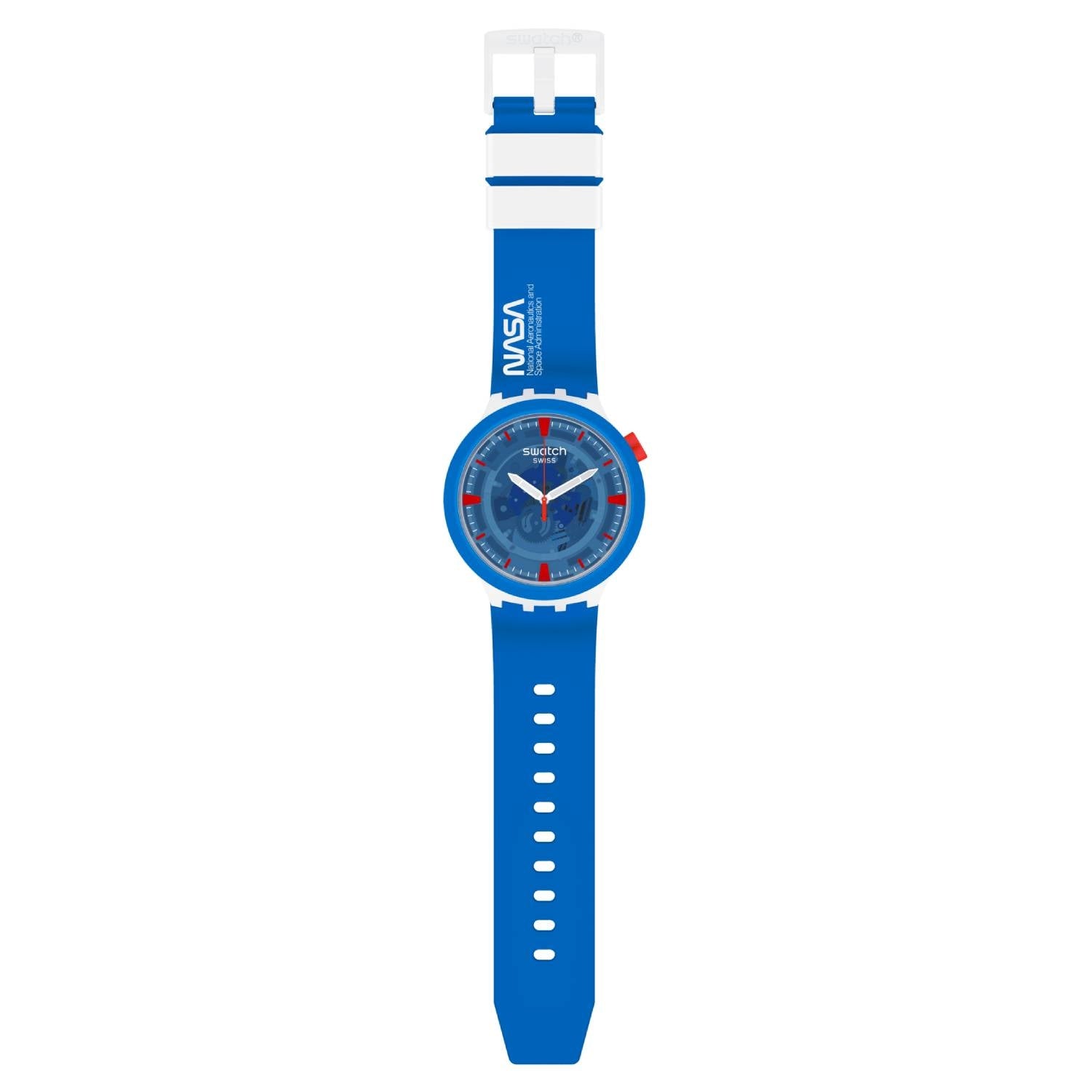 Orologio Uomo Swatch Quarzo Solo Tempo Nasa Scheletrato Nasa Blu Bianco SB03Z100