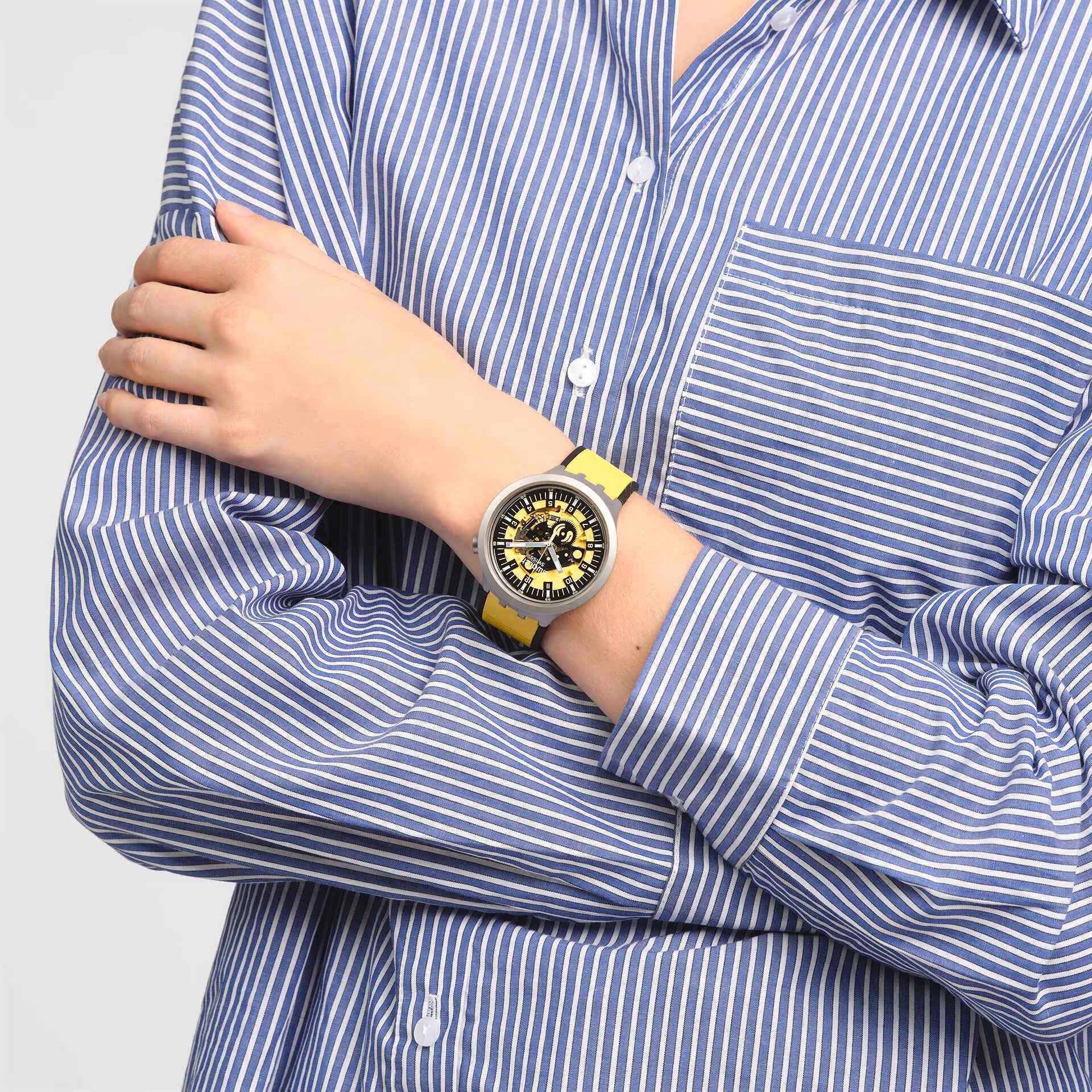 Orologio Unisex Swatch Acciaio Big Bold Bolden Yellow Gomma Scheletrato SB07S109