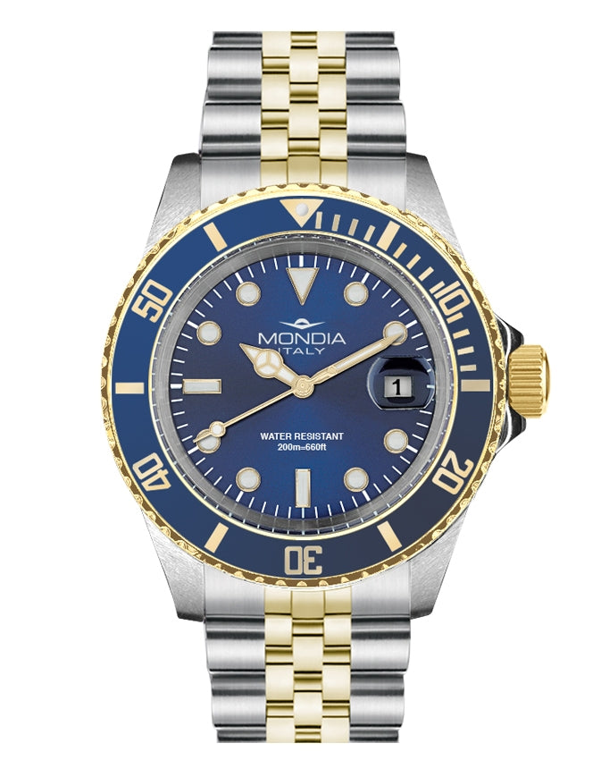Orologio Uomo Mondia Submariner Quarzo Data Acciaio Oro Quadrante Blu MI-785-SOBL-BL-GB