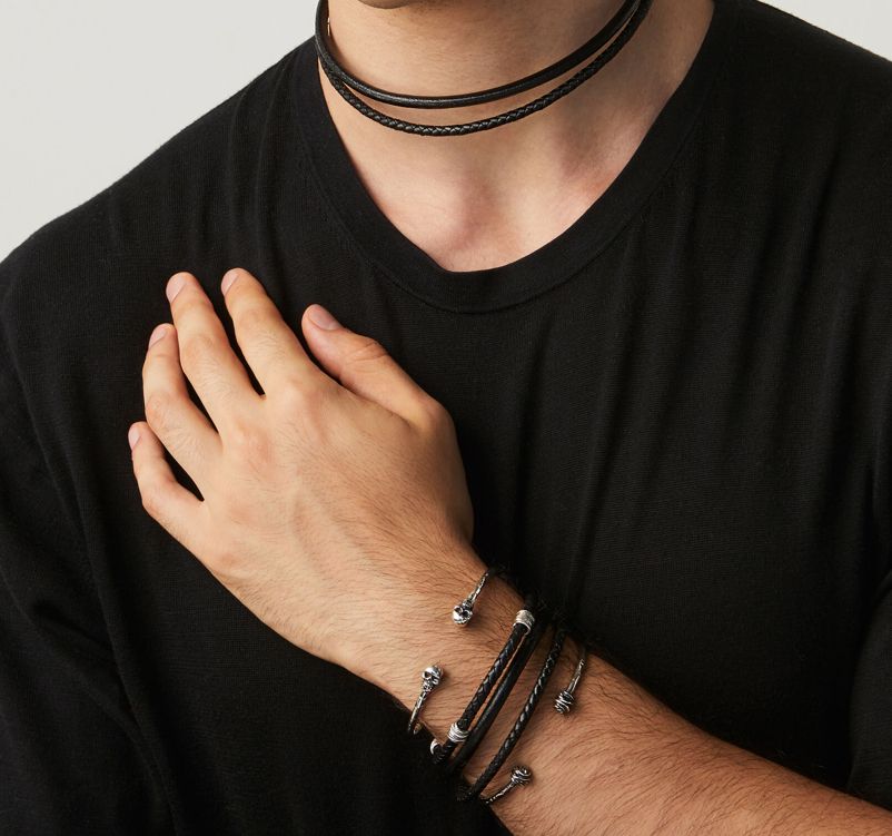 Bracciale Uomo Giovanni Raspini Argento 925 Cuoio Nero Nodini Intrecciati 11355