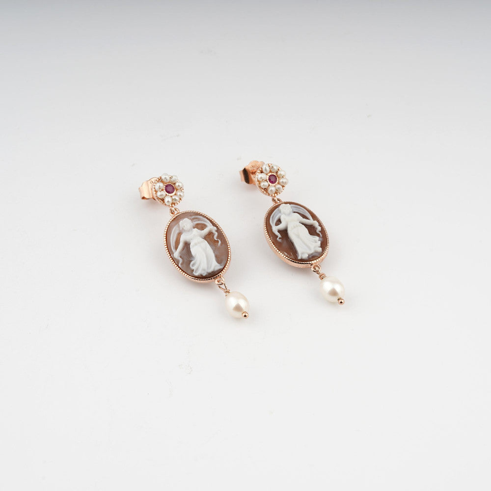 Orecchini Donna Cameo Italiano Argento Rosè 925 Donna Incisa Cammeo Marrone O909-R