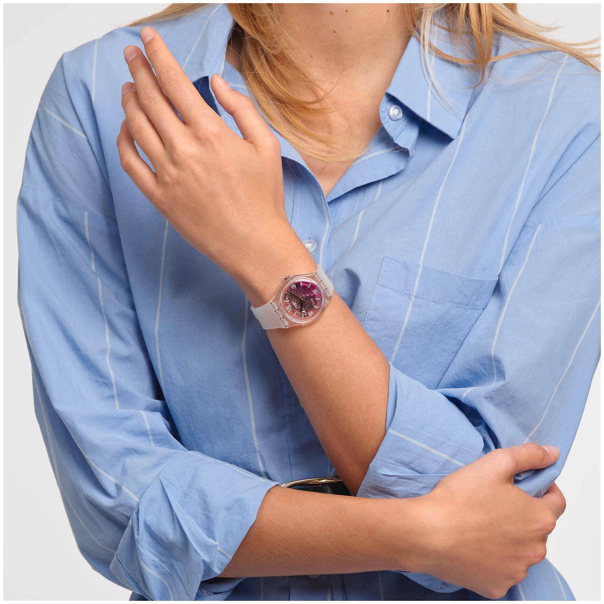 Orologio Donna Swatch Quarzo Solo Tempo Silicone Bianco Rosa Scheletro GE290