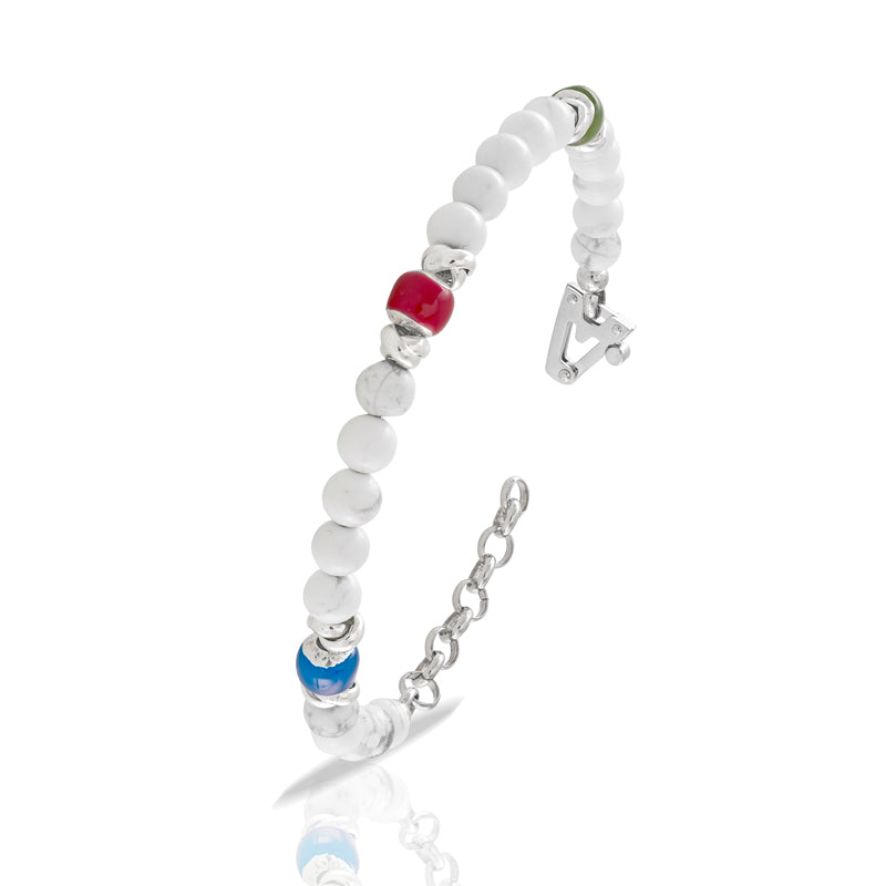 Bracciale argento 925%, agata bianca, smalti e sulla chiusura diamante nero ct 0,01