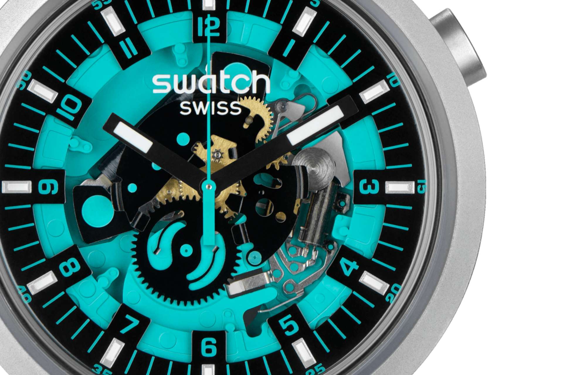 Orologio Unisex Swatch Acciaio Big Bold Mint Trim Gomma Turchese Scheletrato SB07S111