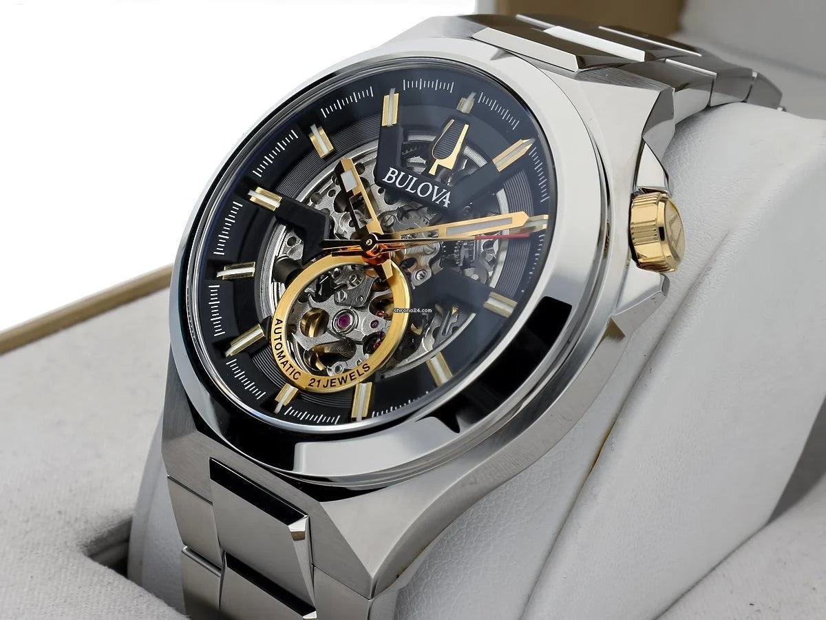 Orologio Uomo Bulova Automatico Maquina Nero Oro Acciaio Open Heart 98A224