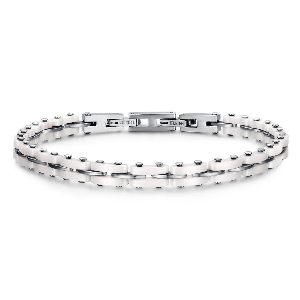 Bracciale Uomo Arkano Semirigido Acciaio Lucido Ceramica Bianca BAC01B