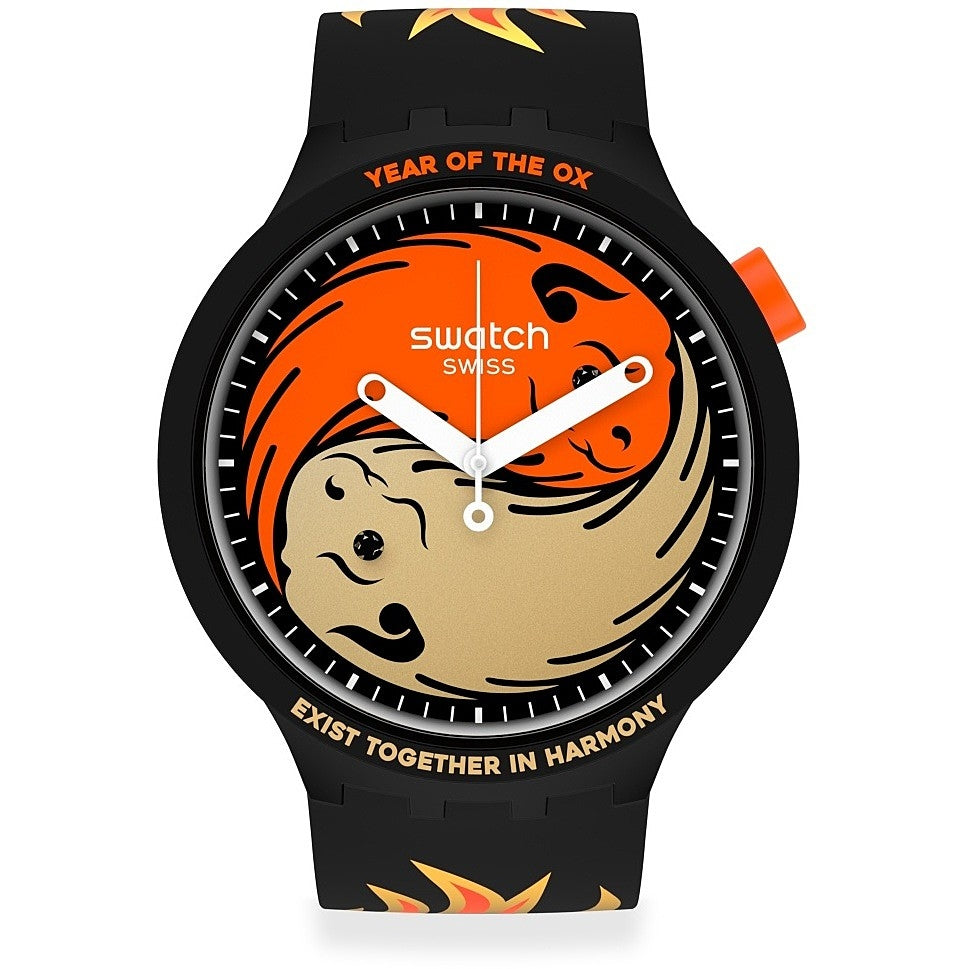 Orologio Uomo Silicone Gomma Swatch Big Bold Solo Tempo Nero Arancione Quarzo