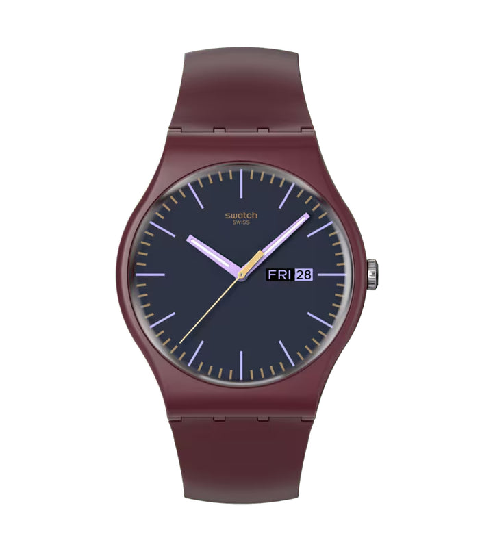 Orologio Unisex Swatch BURGUNDY BERRY Doppia Data Nero Marrone SO29R707