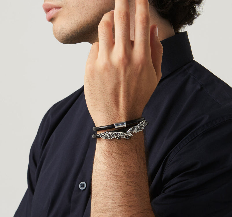 Bracciale Uomo Giovanni Raspini Argento 925 Jason Aquila Cuoio Nero Doppio 09732L