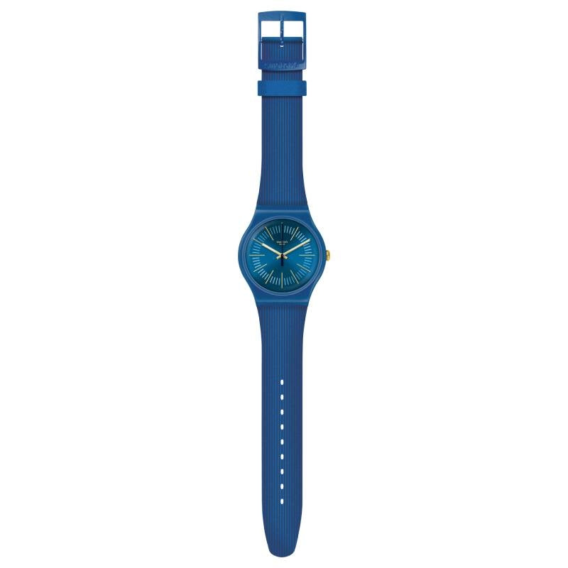 Orologio Uomo Gomma Resina Swatch Quarzo Solo Tempo Blu Oro Cyderalblue SUON143
