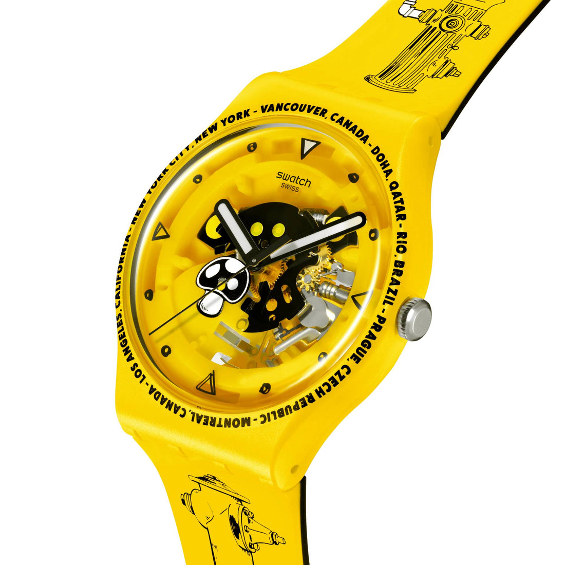 Orologio Unisex Swatch TIME WITH ANDY ANDERSON Nero SCheletrato Giallo SO29J101