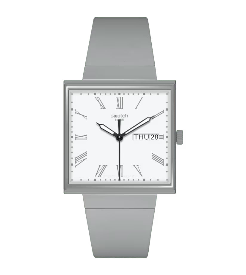 Orologio Unisex Swatch What IF Cassa Quadrata Grigio Quarzo Doppia Data SO34M700