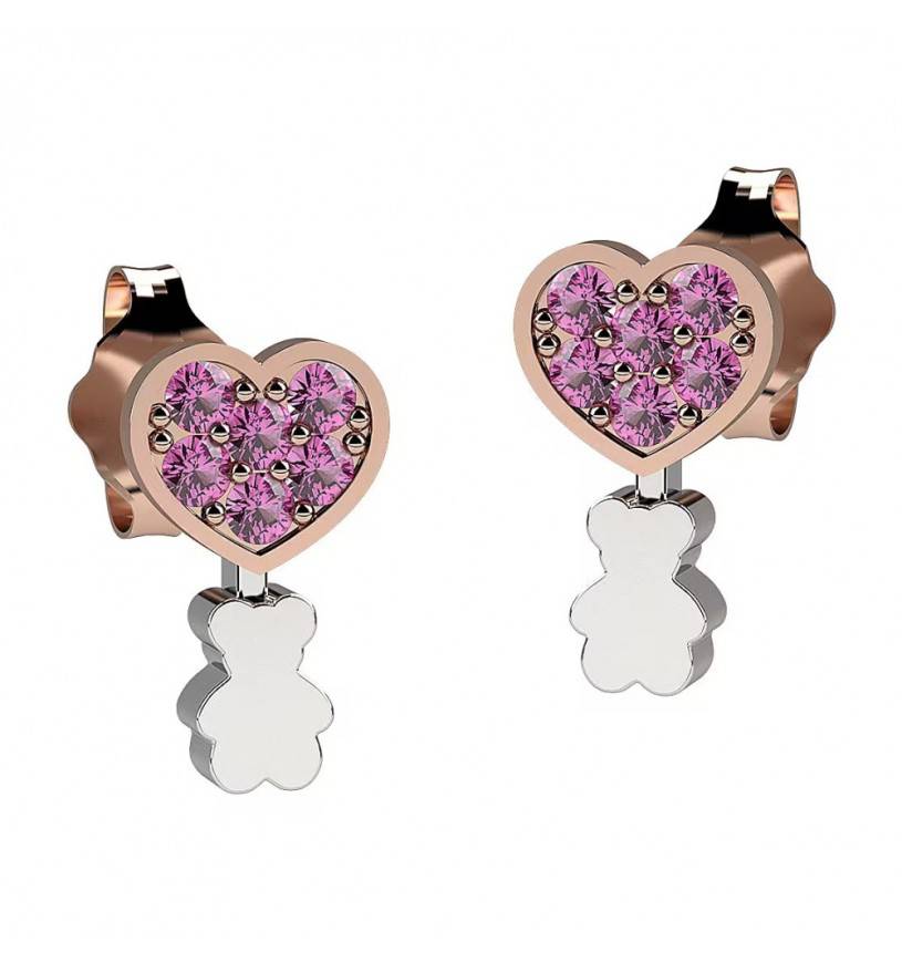 Orecchini Bambina Nanàn Argento Rosè 925 Orsetto Cuore Zircone Rosa NAN0206
