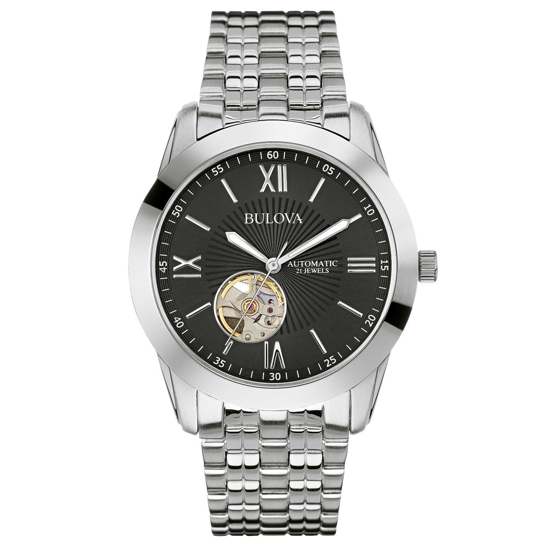 Orologio Uomo Bulova Automatico Numeri Romani Acciaio Nero Open Heart 96A158