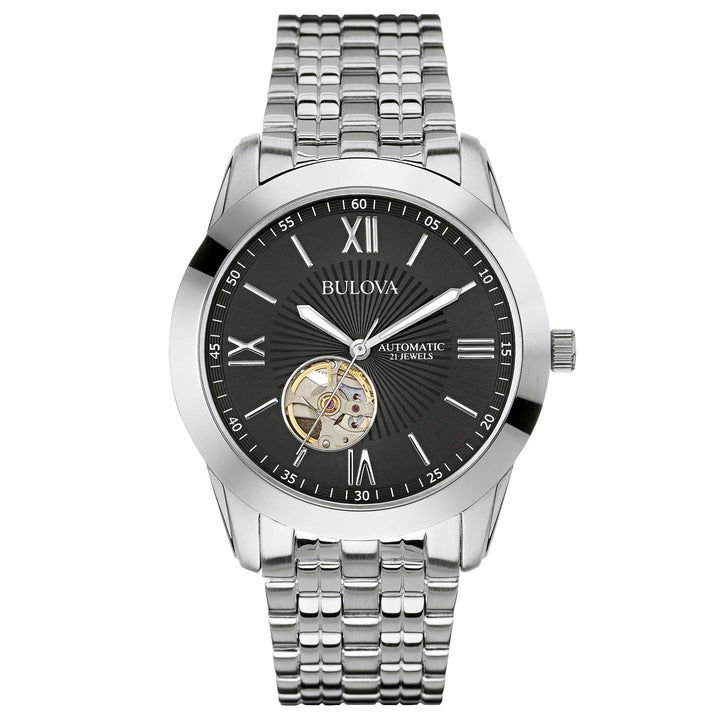 Orologio Uomo Bulova Automatico Numeri Romani Acciaio Nero Open Heart 96A158