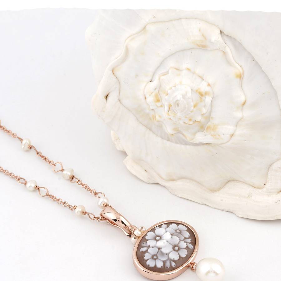 Pendente Donna Cameo Italiano Argento Rosè 925 Bouquet Fiore P135-R