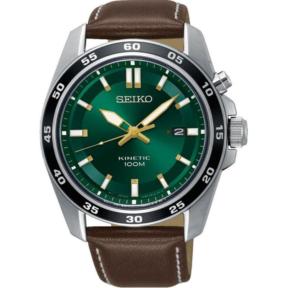 Orologio Uomo Seiko Acciaio Cinturino Pelle Marrone Kinetic Verde SKA791P1