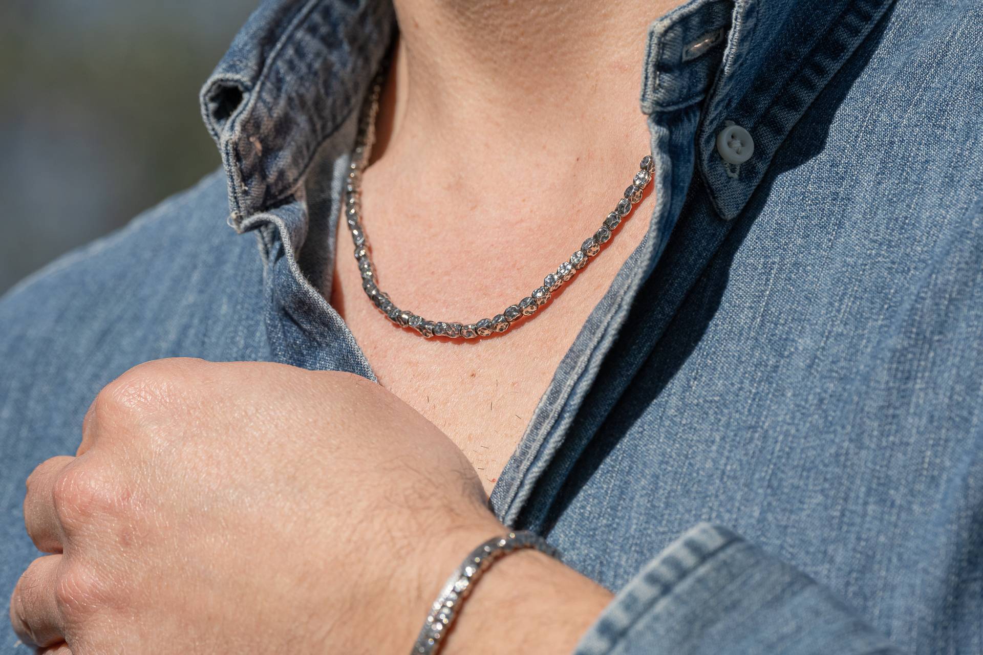 Collana Uomo Maria Cristina Sterling Argento Brunito 925 Cubi Martellata G4613