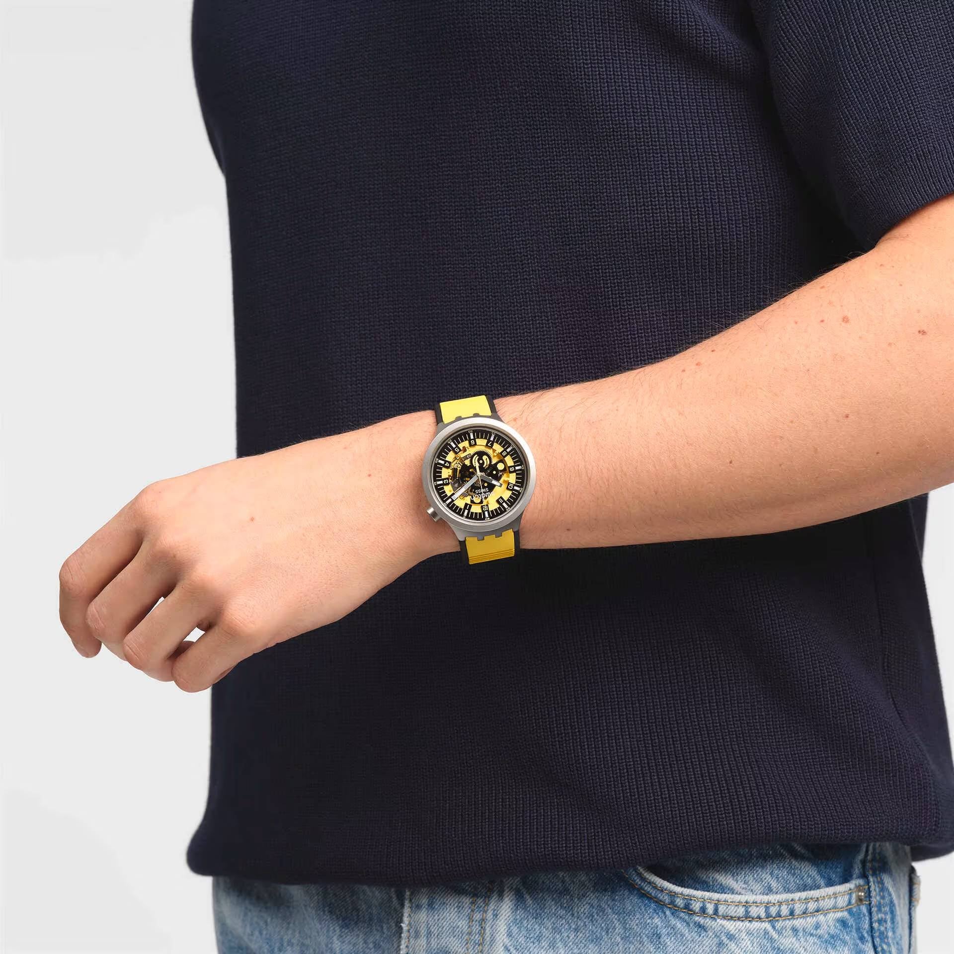 Orologio Unisex Swatch Acciaio Big Bold Bolden Yellow Gomma Scheletrato SB07S109