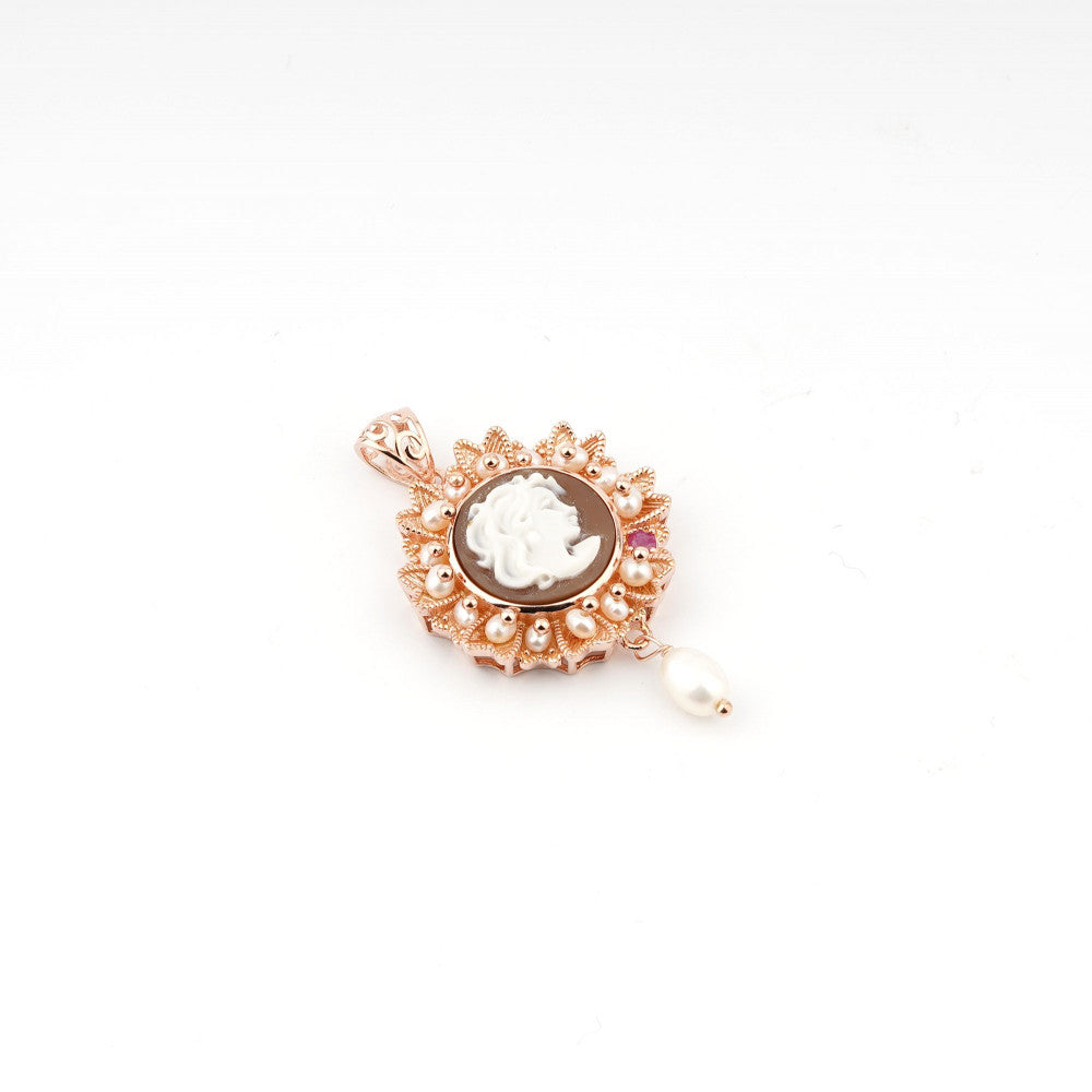 Pendente Donna Cameo Italiano Argento Dorato 925 Dea Incisa Perle P913-G