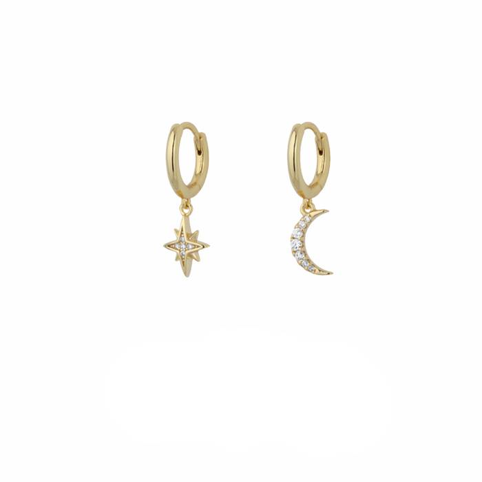 Orecchini Donna Liu Jo Argento 925 Dorato Cerchietti Stella Luna Zirconi Bianchi ALJ326
