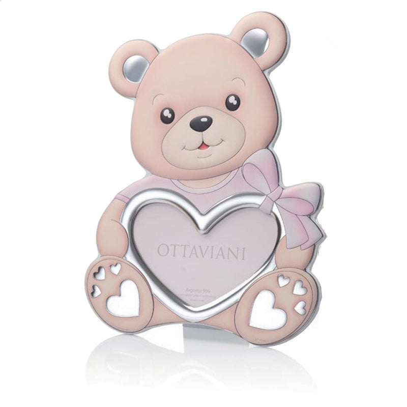 Cornice Porta Foto Bambina Ottaviani Argento Orsetto Rosa Lucido 31x24 cm 7027R
