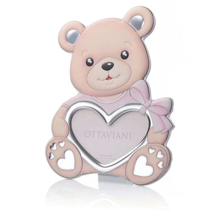 Cornice Porta Foto Bambina Ottaviani Argento Orsetto Rosa Lucido 31x24 cm 7027R