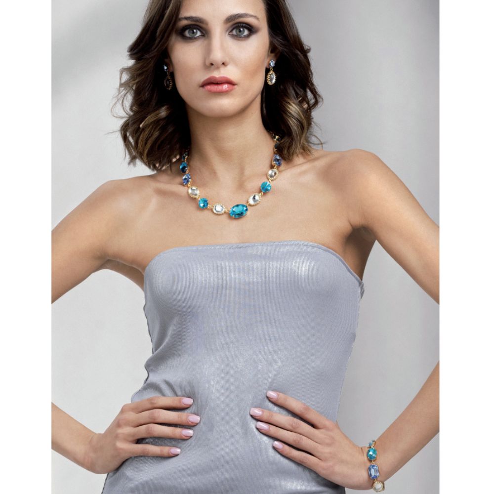 Orecchini Donna Ottaviani Bronzo Dorato Zirconi Bianchi Ovali Blu 500956O