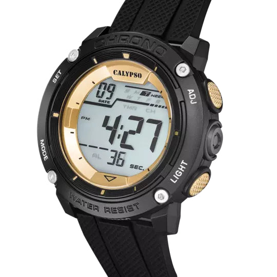 Orologio Uomo Calypso Gomma Quarzo Digitale Cronografo Dorato Giallo Nero K5820/4