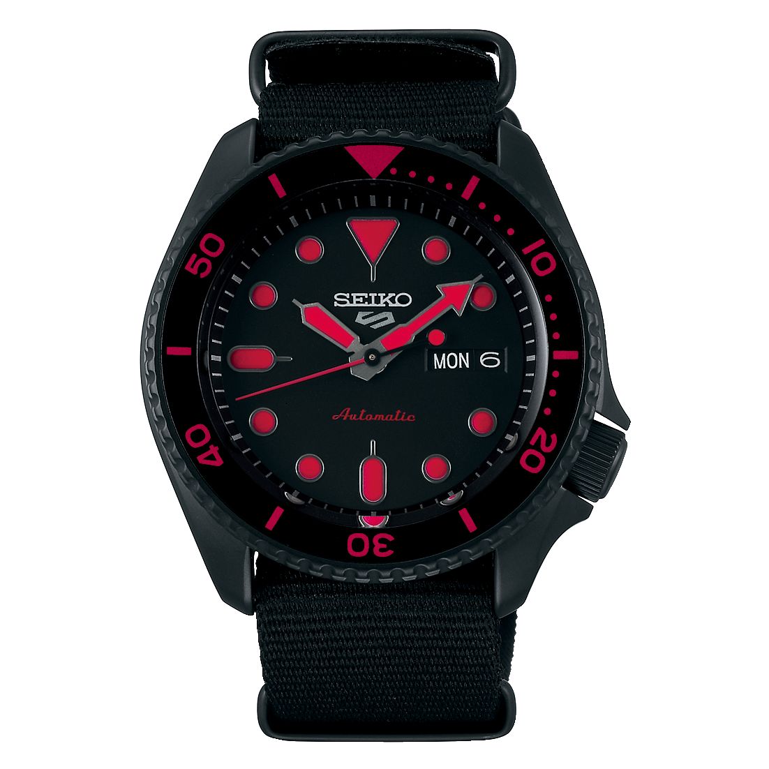Orologio Uomo Seiko 5 Automatico Doppia Data Acciaio Nero Cordura Rosso SRPD83K1