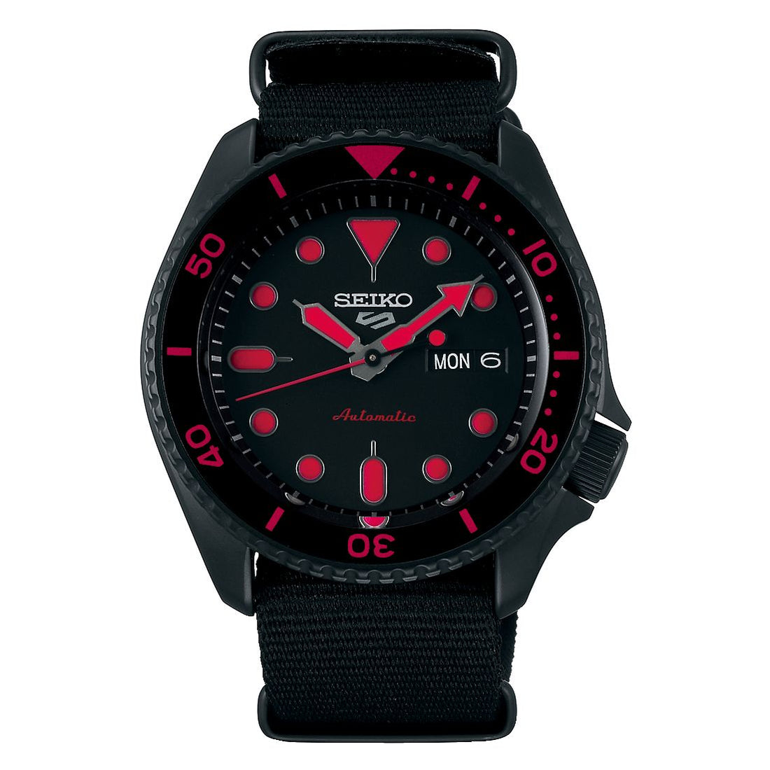 Orologio Uomo Seiko 5 Automatico Doppia Data Acciaio Nero Cordura Rosso SRPD83K1